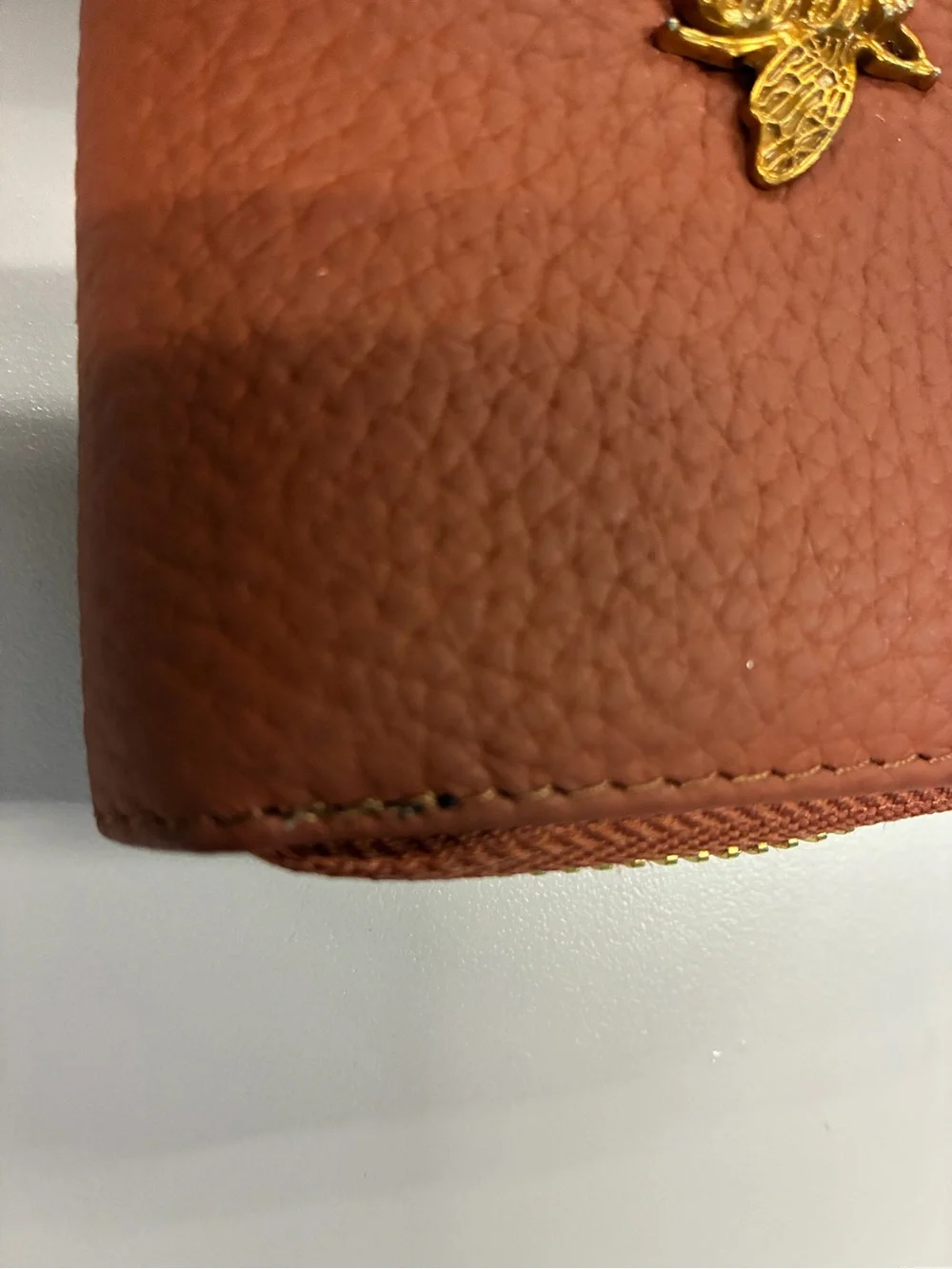 RFID Leather Zip Key Case with Gold Bee Accent - Brown